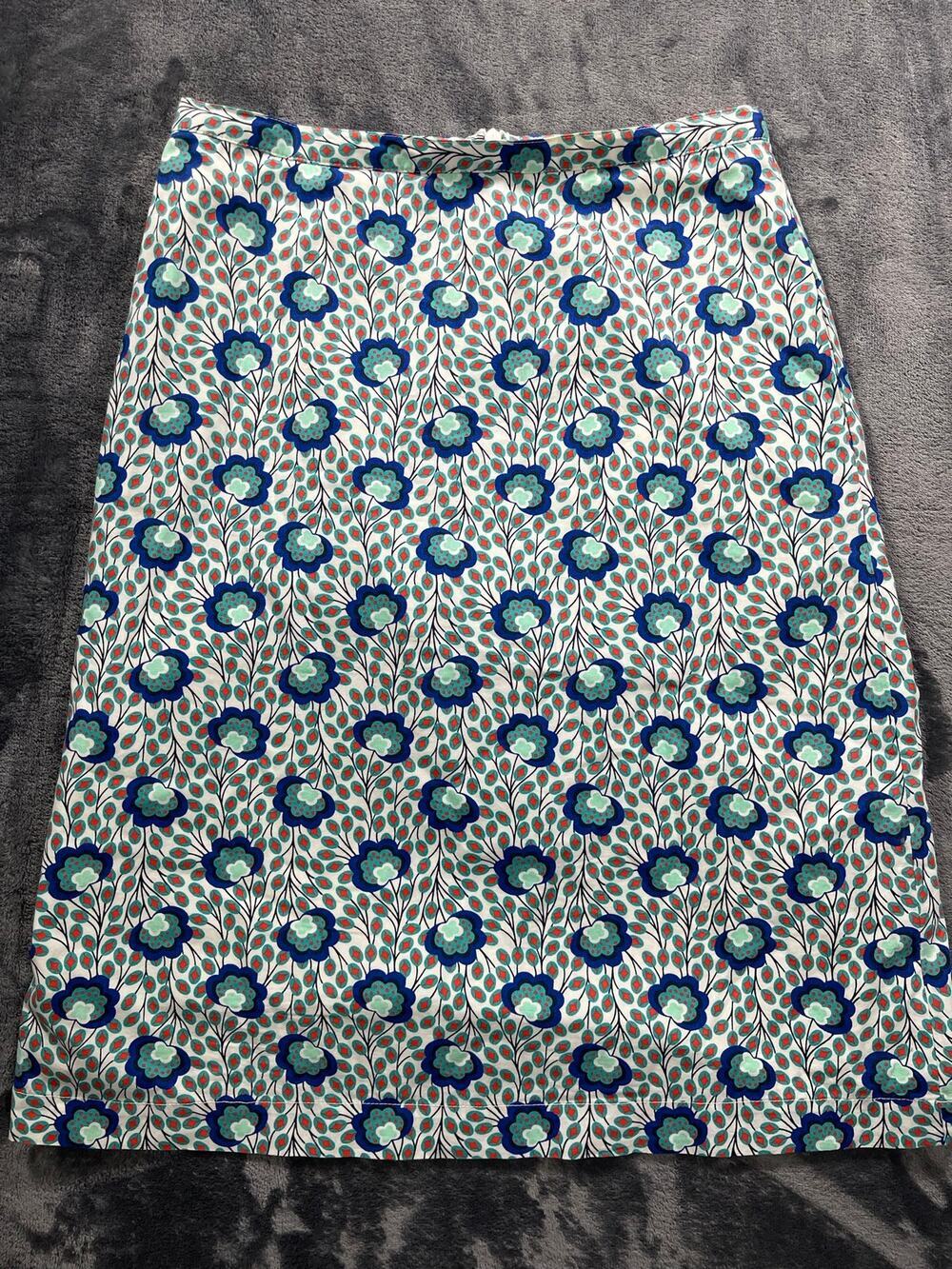 Boden Peacock Feather Print A-Line Skirt Blue Teal Green US 4 Long 4L Cotton